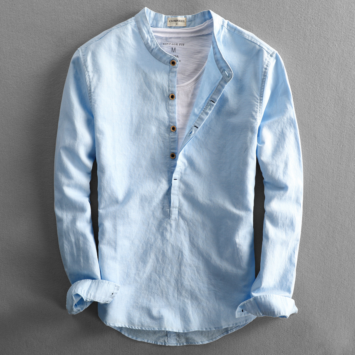 Simple Men's Casual Long Linen Sleeves Shirt Loose Solid Color ...