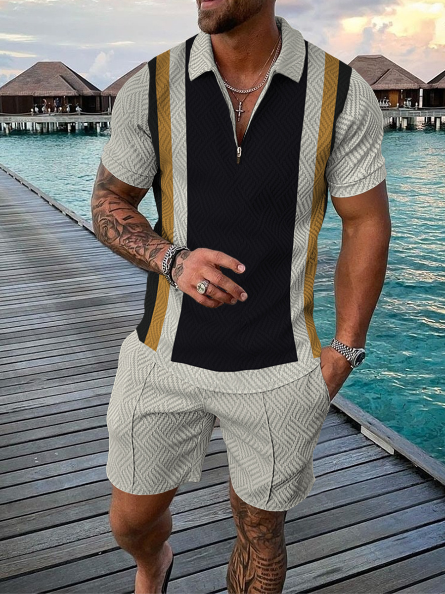 Men's Casual Color Contrast POLO Zip Lapel Shirt Short Sleeve Suit ...