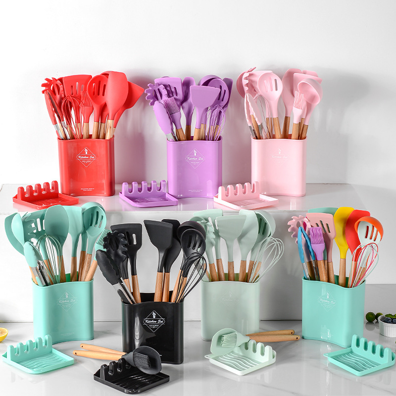 Dropship Silicone Kitchen Utensils Set, 12 PCS Wooden Handles