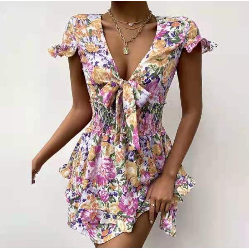 Summer Women's Bow Print Lace Mid Length Dress - CJdropshipping