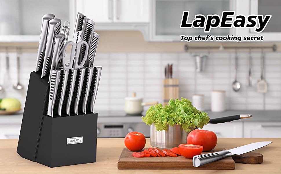 Kitchen Knife Set; LapEasy 15 Piece Knife Sets with Block Chef Knife  Stainless Steel Hollow Handle Cutlery with Manual Sharpener