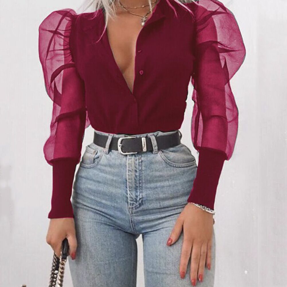 V-Neck Top with Sheer Puffy Sleeves