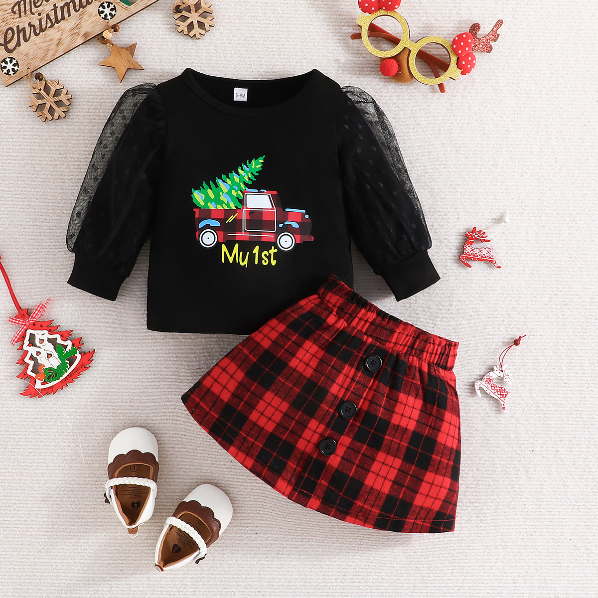 Infant Toddler Girls Long Sleeved Pullover and Tartan Skirt Two Piece Set - MAMTASTIC