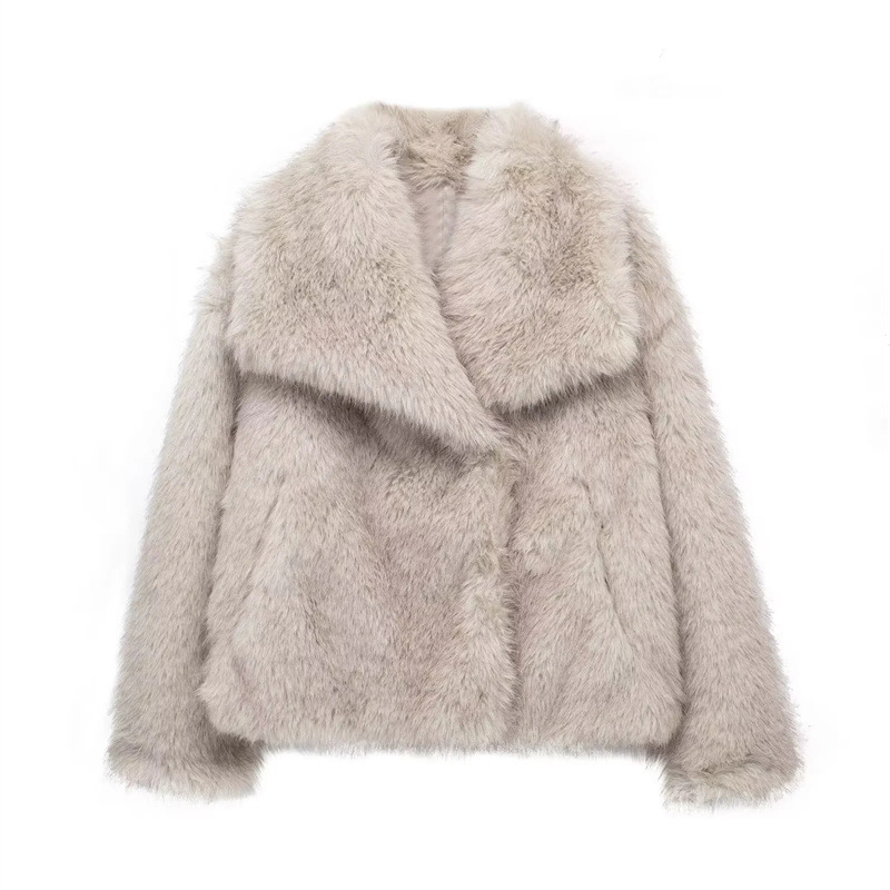 Women's Lapel Long Sleeve Faux Fur Snap Cardigan Loose Short Coat ...