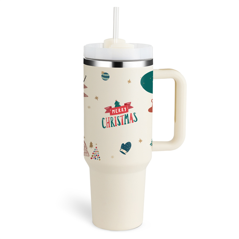 Christmas pattern 40 oz mug with handle lid straw drinkware stainless steel  vacuum tumbler large capacity car travel coffee cup