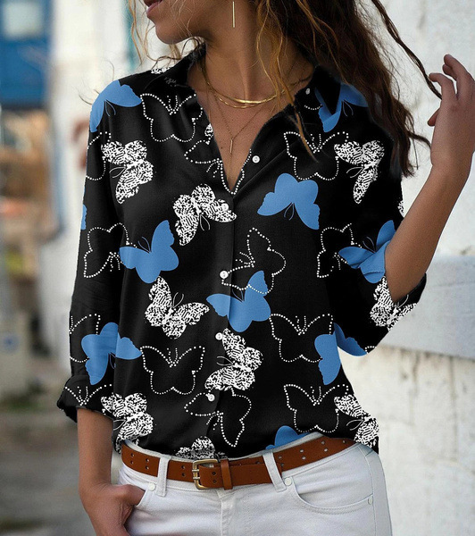 CYMMPU Trendy Blouses Ladies 1/4 Zipper Round Neck Clothing Girls' Feather  Printed Butterfly Floral Graphic Tops Long Sleeve Shirts Casual Sweatshirts  Holiday Tops Blue S 