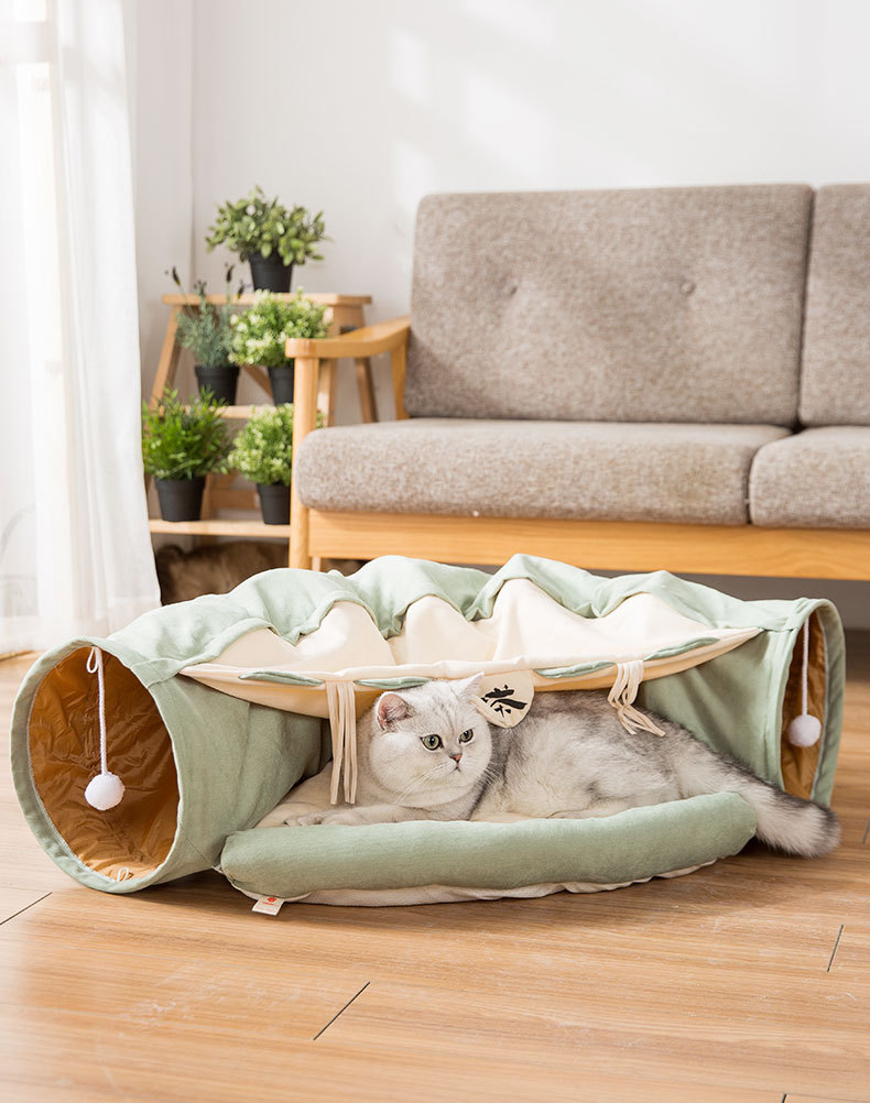 Interactive Cat Tunnel with Key Toys - Collapsible, Durable & Washable, Includes Comfy Cat Bed