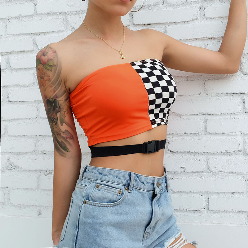 Plaid stitching tube top - CJdropshipping