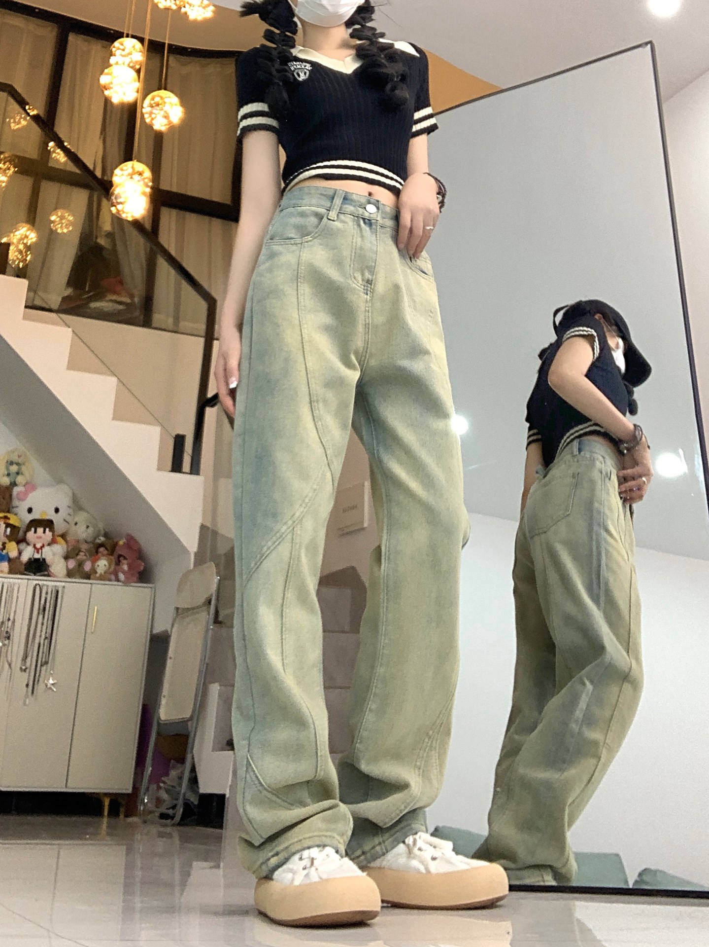 Dropship Straight Hole Jeans Women Pants Elasticity Waist Solid