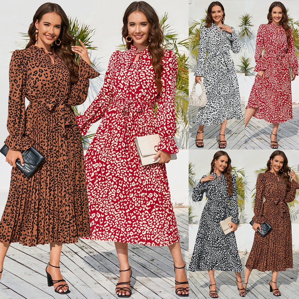 Leopard Print Stand Collar Lace Up Pleated Skirt Style Casual Midi Dress