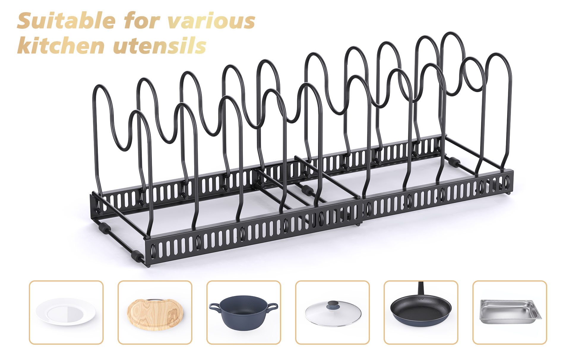 Dropship Expandable Pans Organiser Rack,Pot And Pan Lid Holder With 10  Adjustable Dividers,Bakeware Saucepan Lid Storage For Kitchen Cupboard,  Black to Sell Online at a Lower Price