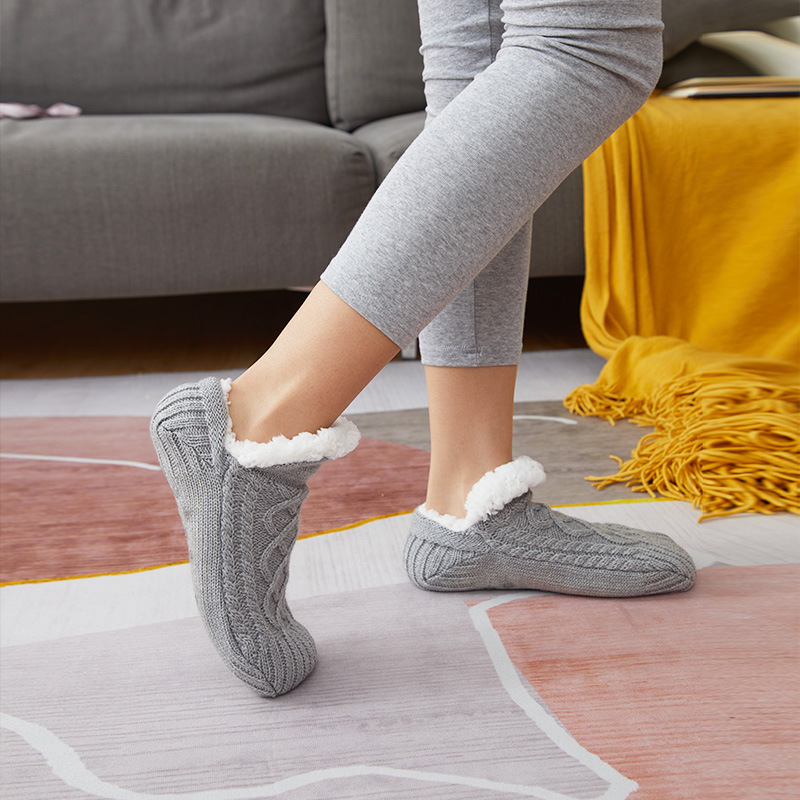 Slipper Socks for Women Wool Socks Winter Thick Non Slip Warm Cozy Socks,Gray,One  Size 