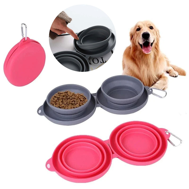 Double Stainless Steel Pet Dog Food Water Bowls Twin Dish Non Slip Silicone  Mat
