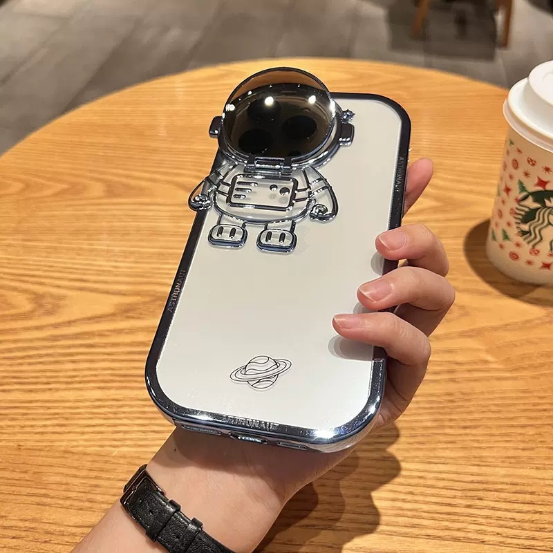 Cheap Luxury Glitter Transparent Cartoon Astronaut Camera Folding Holder  Case For iPhone 11 12 13 14 Pro Max 14Plus