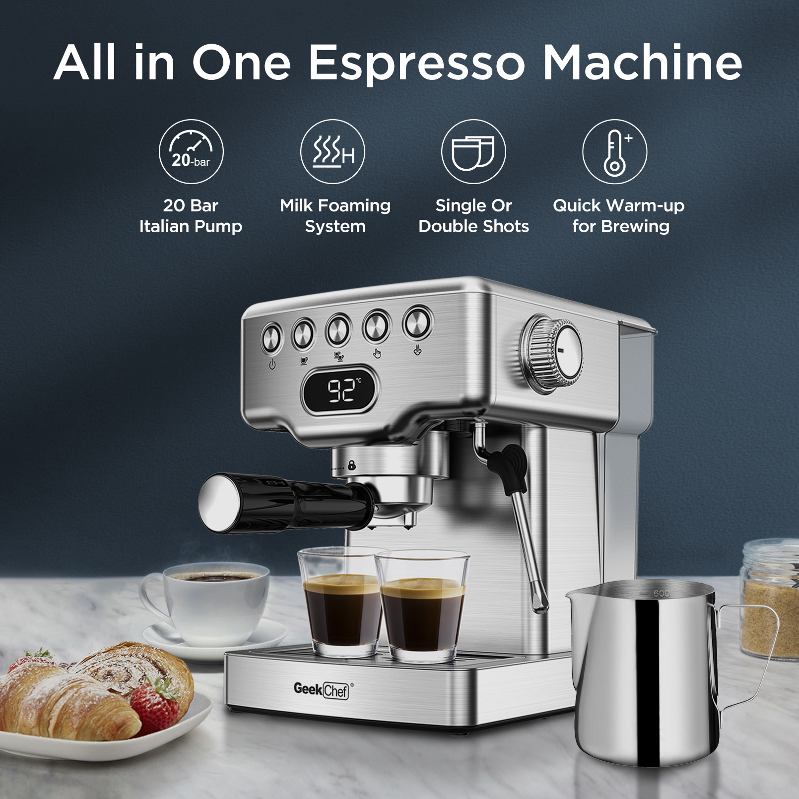 Geek Chef Espresso Machine, 20 Bar Espresso Machine With Milk Frother For  Latte, Cappuccino, Macchiato, For Home Espresso Maker, 1.8L Water Tank,  Stainless Steel, Ban On  - CJdropshipping