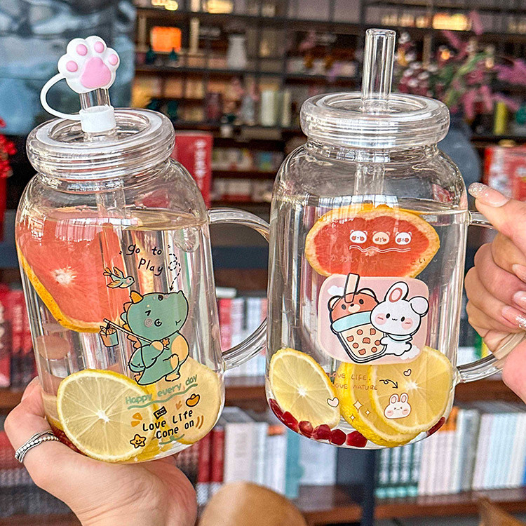 1000ml Large Capacity Glass Cute Cartoon Clear Cup with Handle and Lid  Straw Coffee Milk Juice Cups Heat Resistance Milk Mug