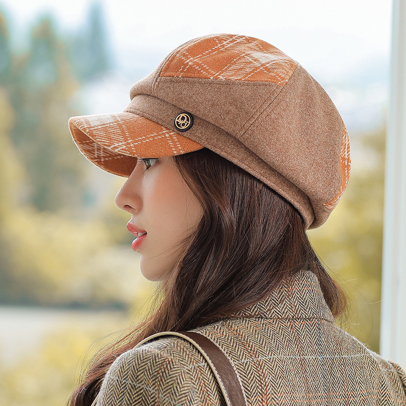 Socialite Color Matching Plaid Octagonal Cap Women's British