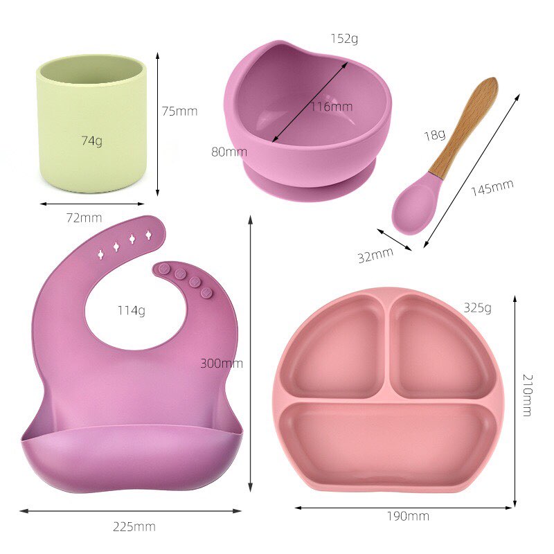 Silicone Baby Dinner Set with Suction Cup Bowl, Bib, Plate, Water Cup, Spoon and Food Pocket - MAMTASTIC