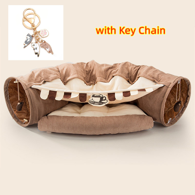 Interactive Cat Tunnel with Key Toys - Collapsible, Durable & Washable, Includes Comfy Cat Bed