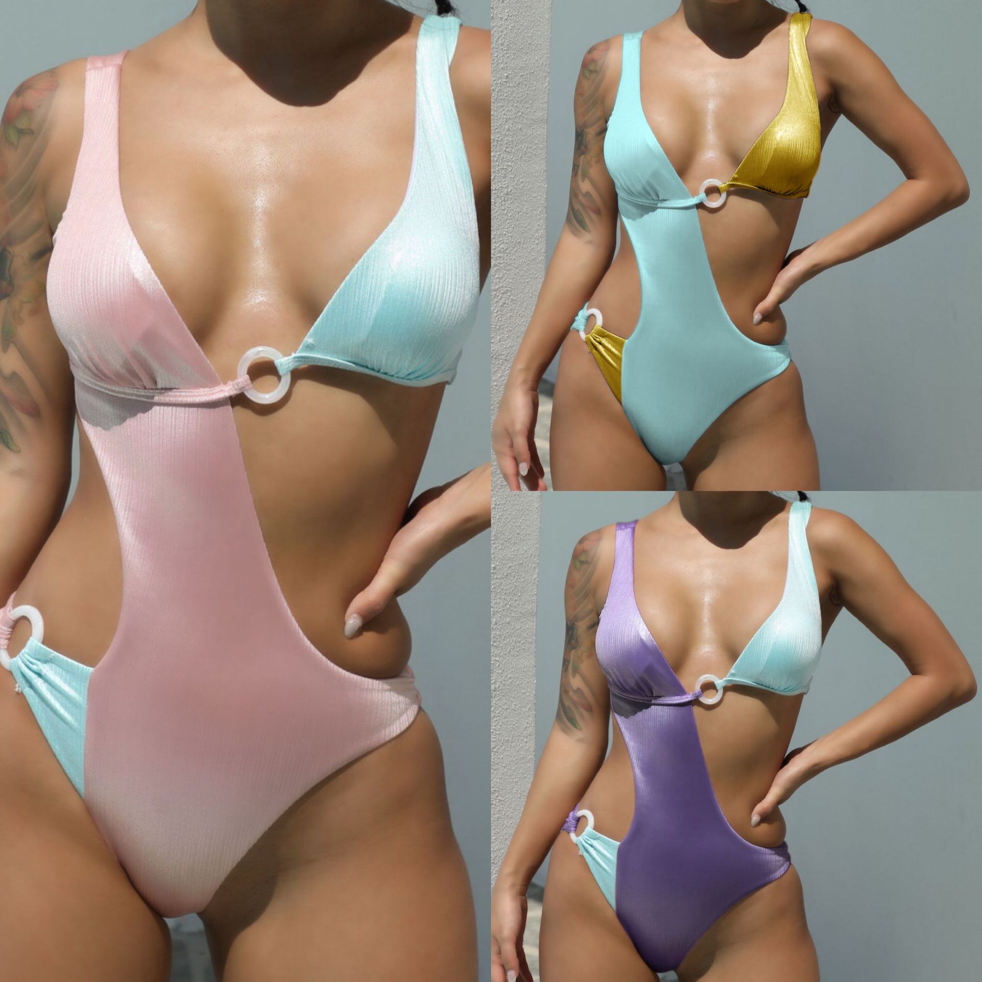 Swimsuit Women's Tethered Solid Sexy Swimsuit Bikini Color Split