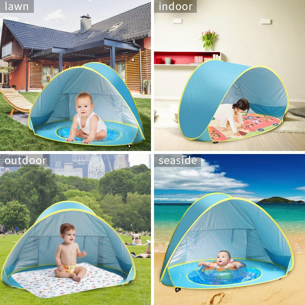 Baby Beach Tent, Pop Up Portable Beach Canopy, UV Protection Sun Shelter  with Pool for Infant (Orange)