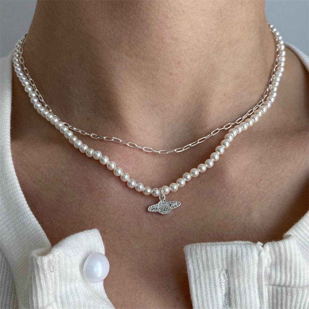 Vintage Saturn Pearl Choker Necklace Y2K Jewelry Stainless Steel Chain  Crystal Zircon Planet Pendant Necklaces For Women Gifts - AliExpress