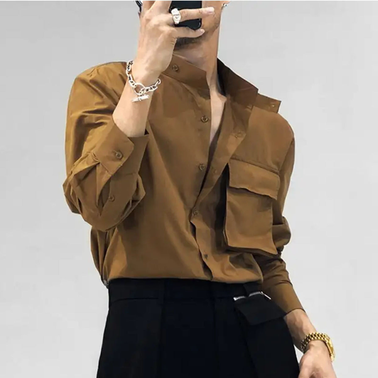 Men's Shirt Stand Collar Long Sleeve Threedimensional Pocket