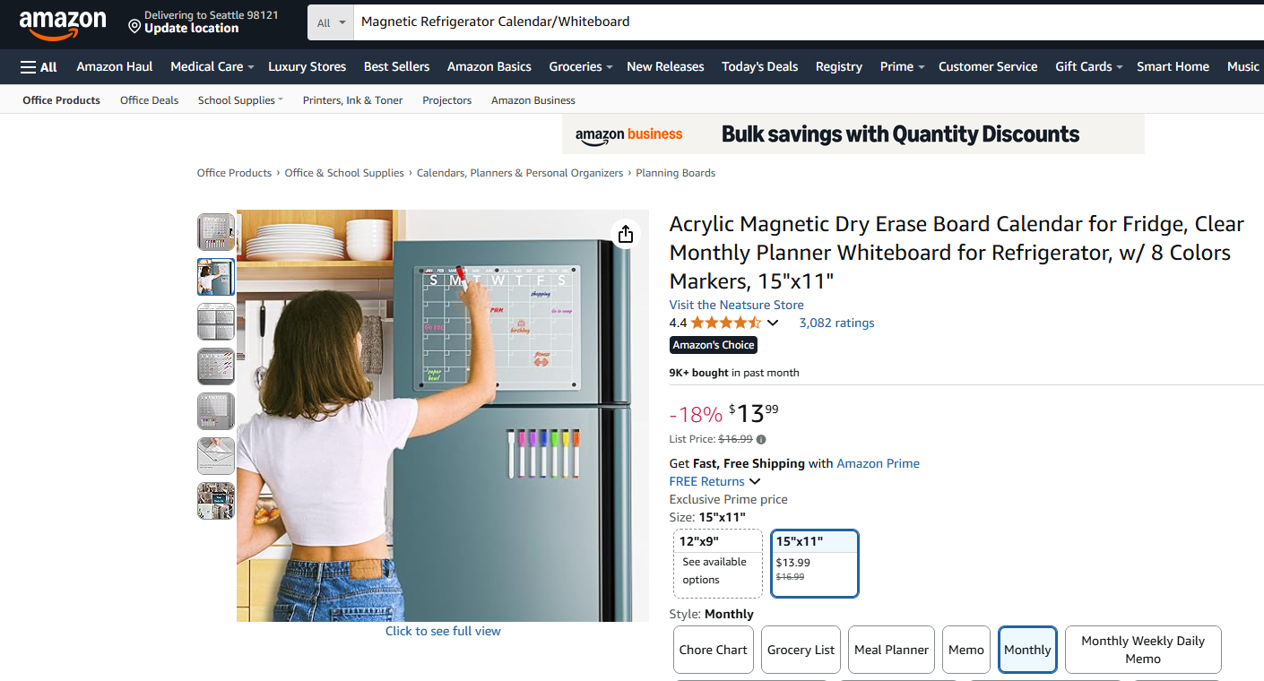 Magnetic Refrigerator Calendar Whiteboard