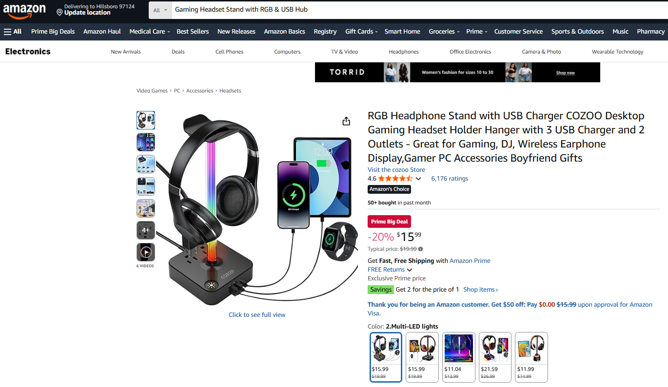 Gaming Headset Stand with RGB & USB Hub