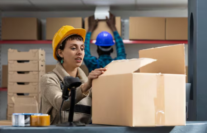 Warehouse employee packing ecommerce order for shipment.