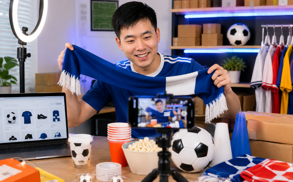 Seller creating TikTok and Instagram content for soccer fan products