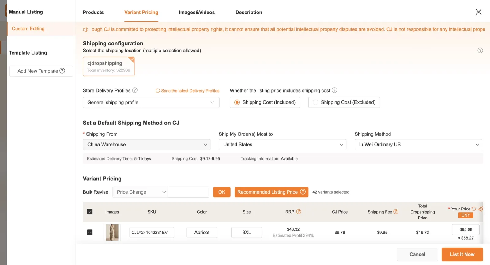 Variant Pricing — 1 shipping location · 2 price-includes-shipping choice · 3 default shipping method (drives the time/cost/tracking line) · 4a Recommended Listing Price button · 4b the Your Price column it fills.