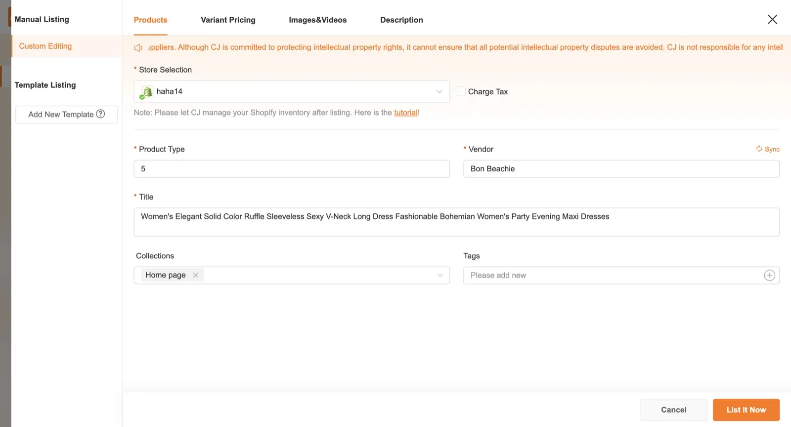 Products tab — 1 store · 2 Charge Tax · 3 product type & vendor · 4 title · 5 collections & tags · 6 List It Now (always at the bottom-right) · B2 the Template list on the left.