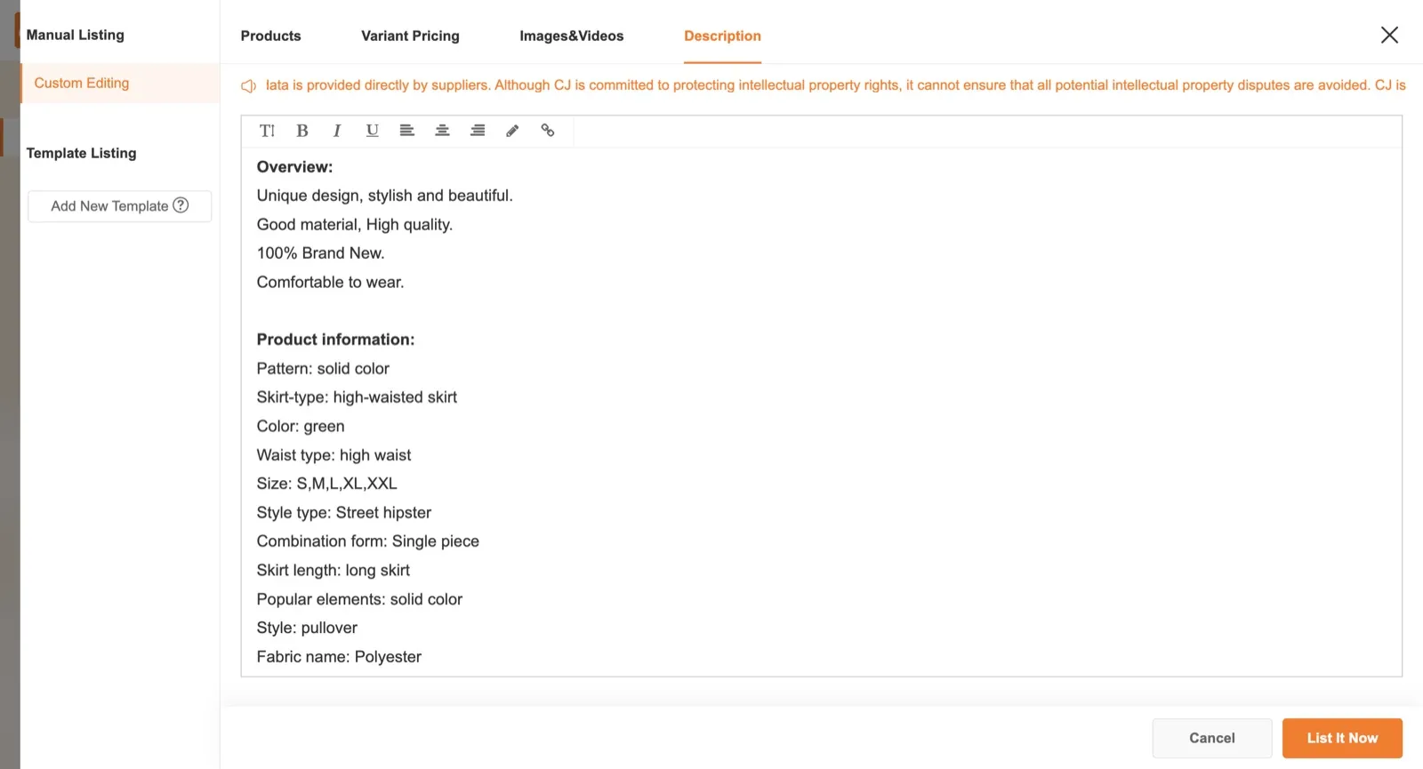 Description — 1 the rich-text editor and its formatting toolbar.