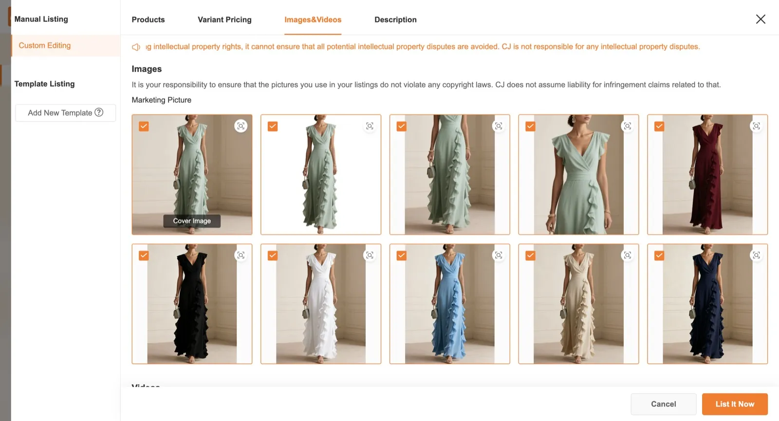 Images&Videos — 1 the per-picture tick box (include / exclude) · 2 the first picture, used as the Cover Image.