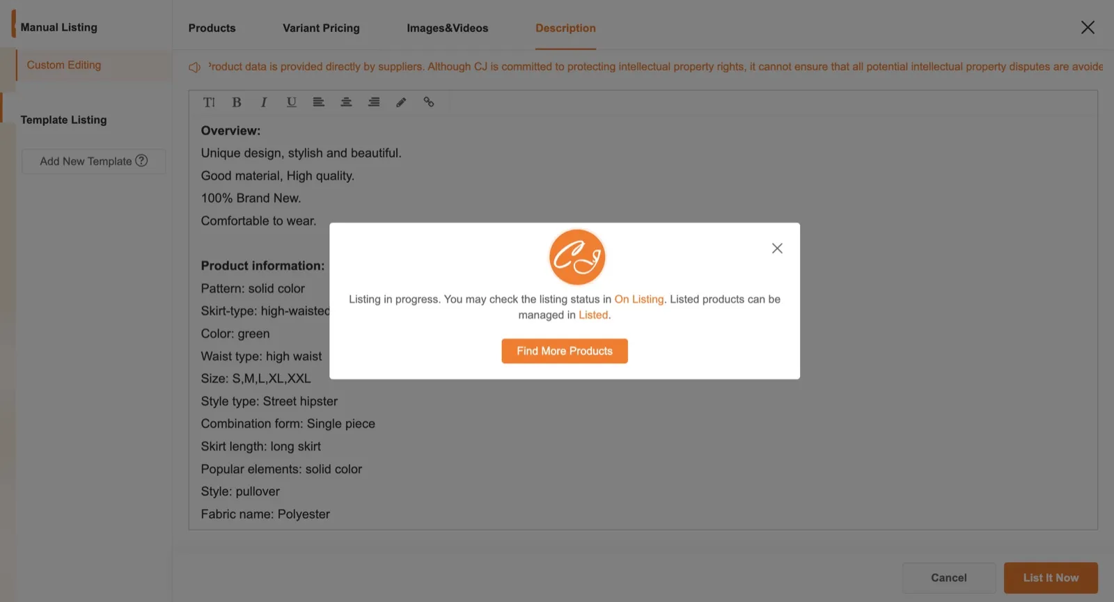 Success — 1 the confirmation, with links to On Listing (track) and Listed (manage).