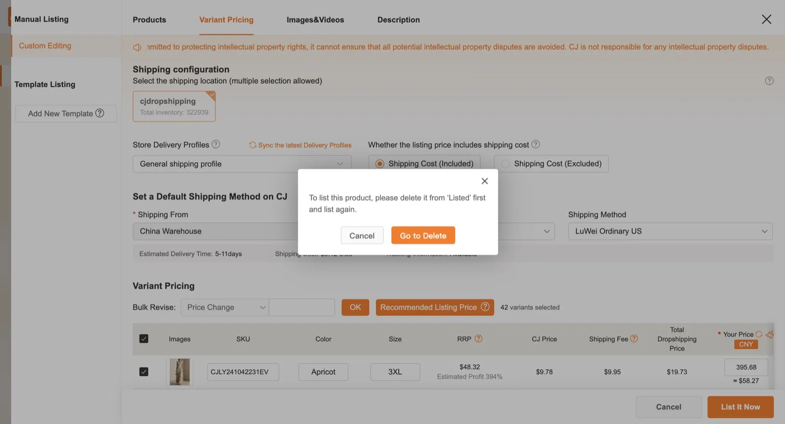 Already-listed block — E2 the message · 1 Go to Delete opens the existing listing so you can remove it first.