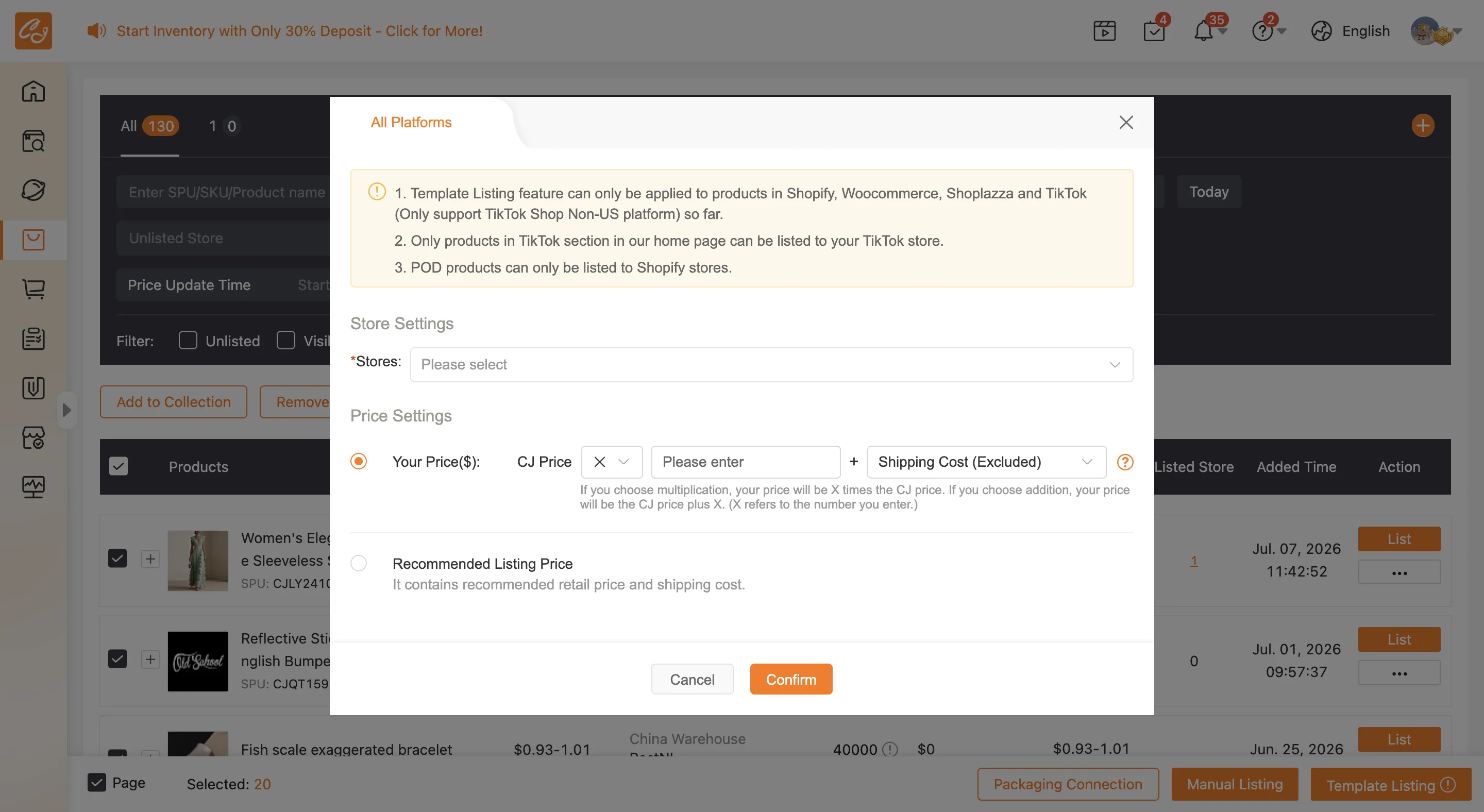The Manual Listing setup window. Choosing a store and a price rule applies to every selected product.