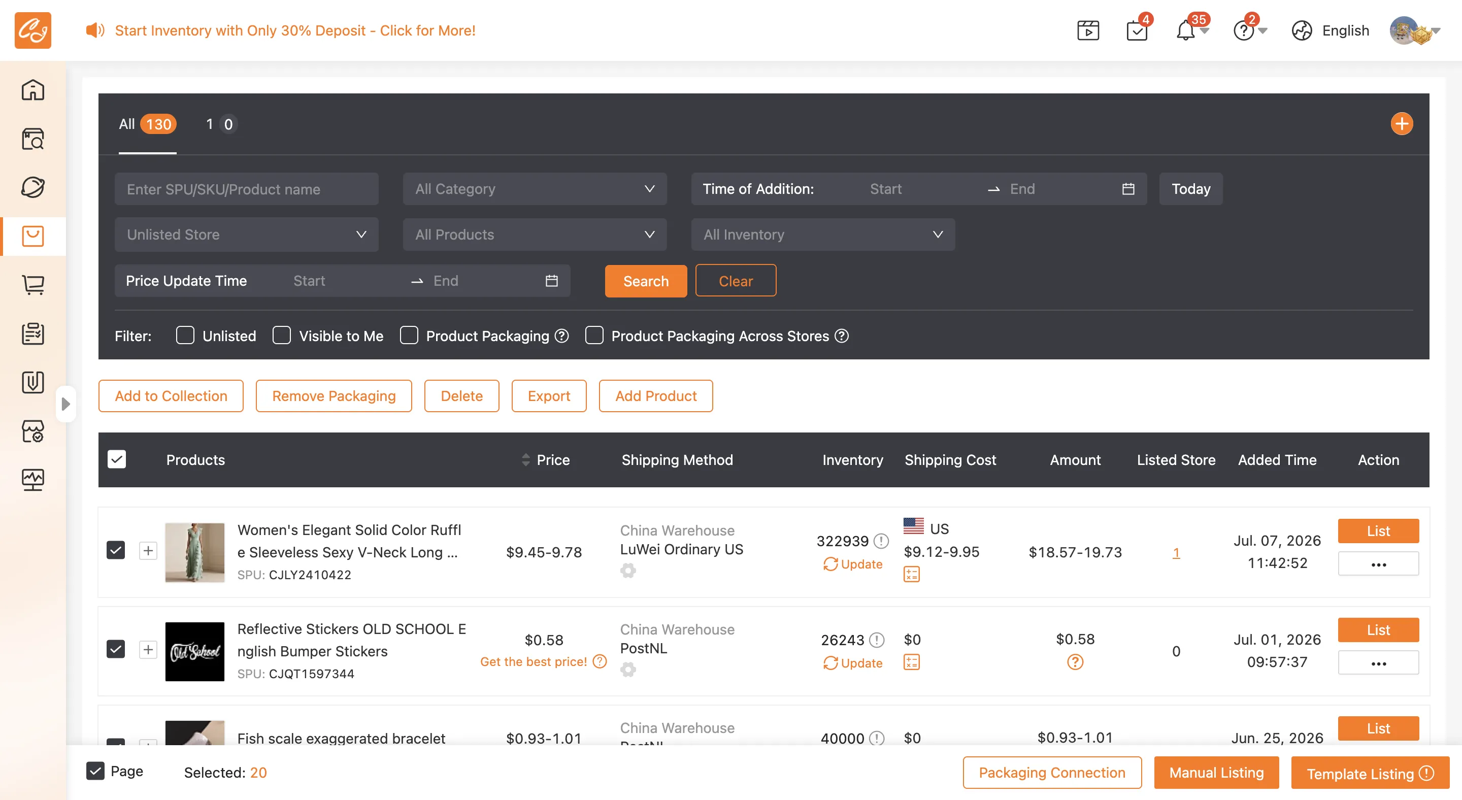 With products selected (here the whole page &mdash; Selected: 20), the Manual Listing and Template Listing buttons become active.