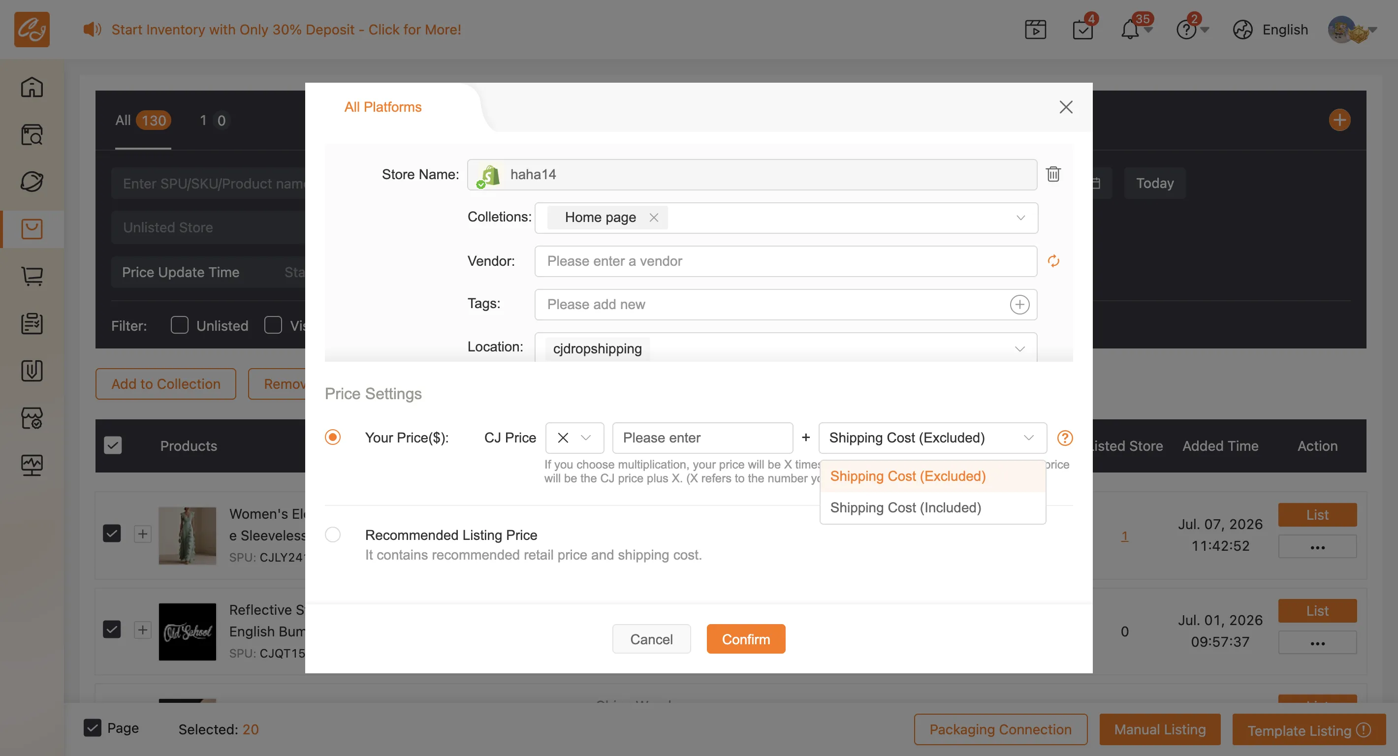 The Shipping Cost dropdown in the price rule offers both Excluded (default) and Included.
