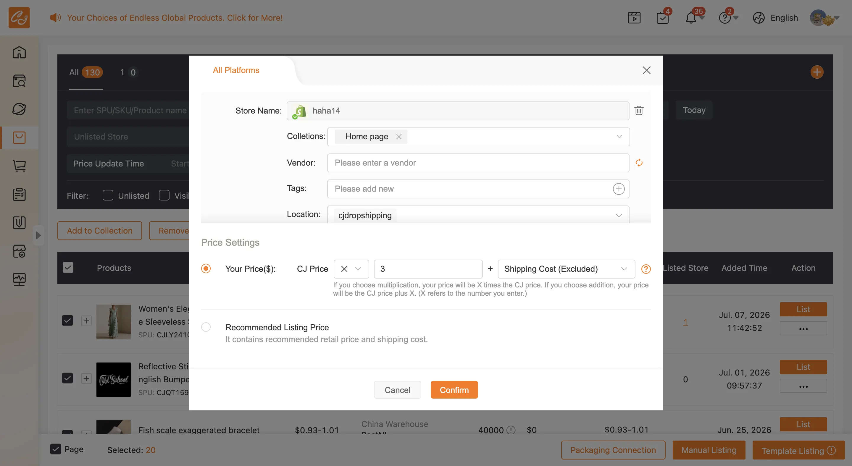 After choosing haha14, the store settings (Collections, Vendor, Tags, Location, delivery profile) and the price rule appear together.