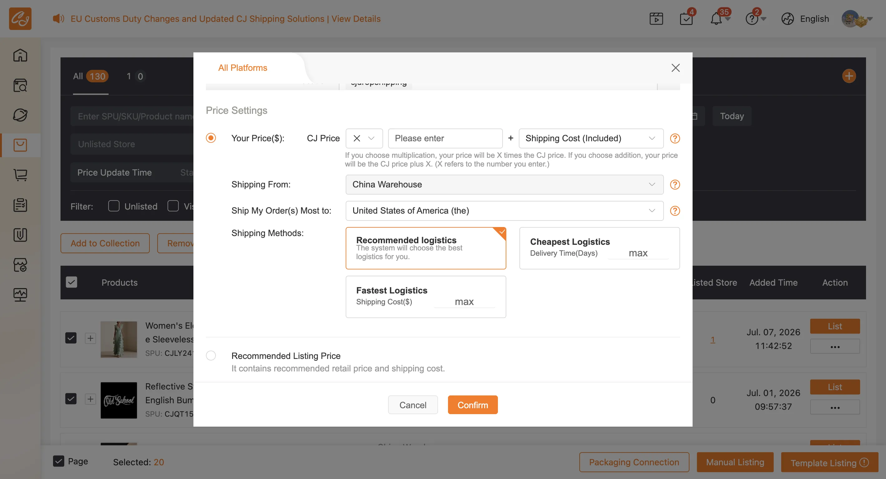 Choosing Shipping Cost (Included) reveals Shipping From, destination, and the three Shipping Methods used to estimate the added shipping fee.