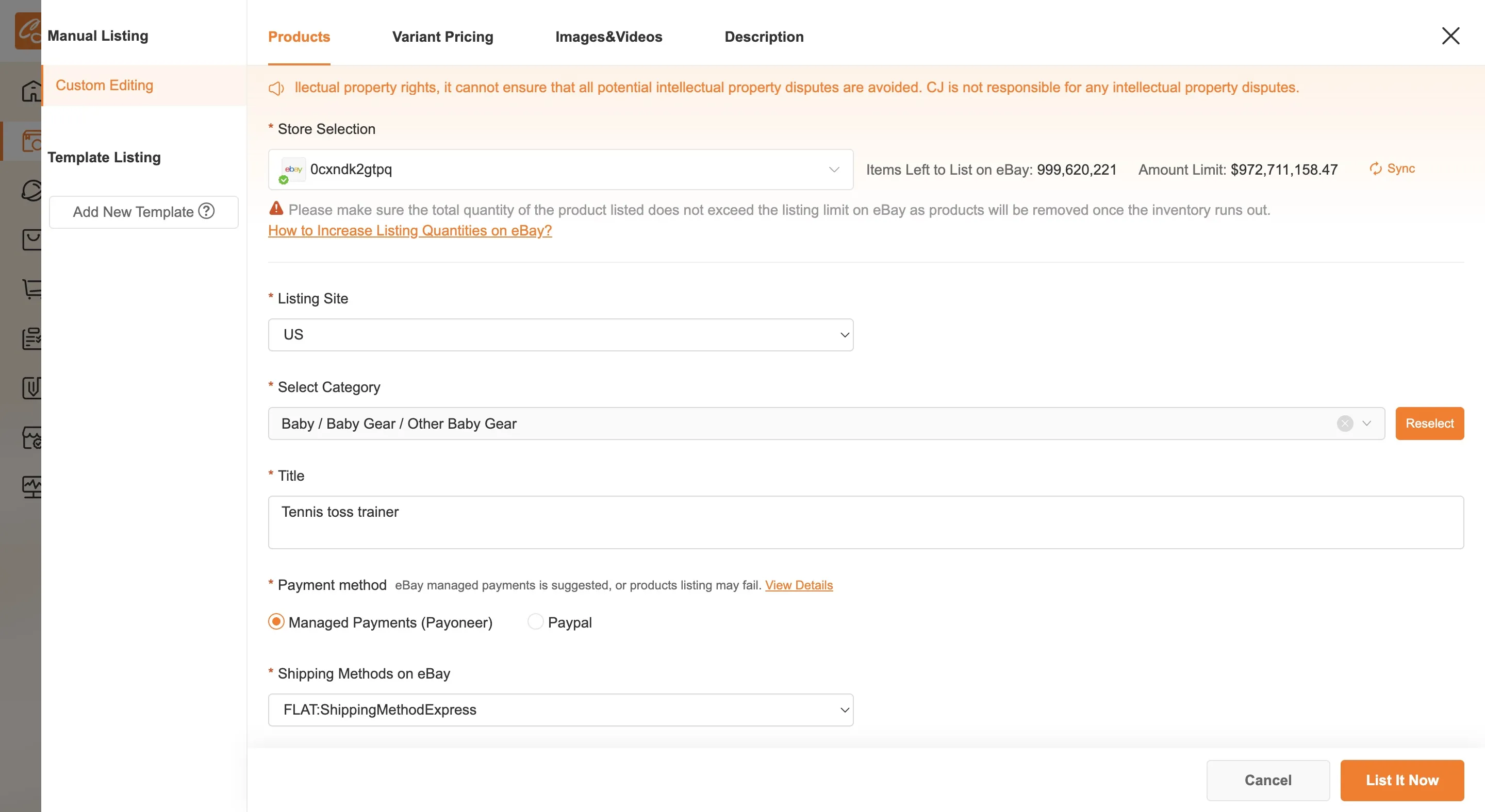 Products tab — store, marketplace, category, title, payment and shipping.