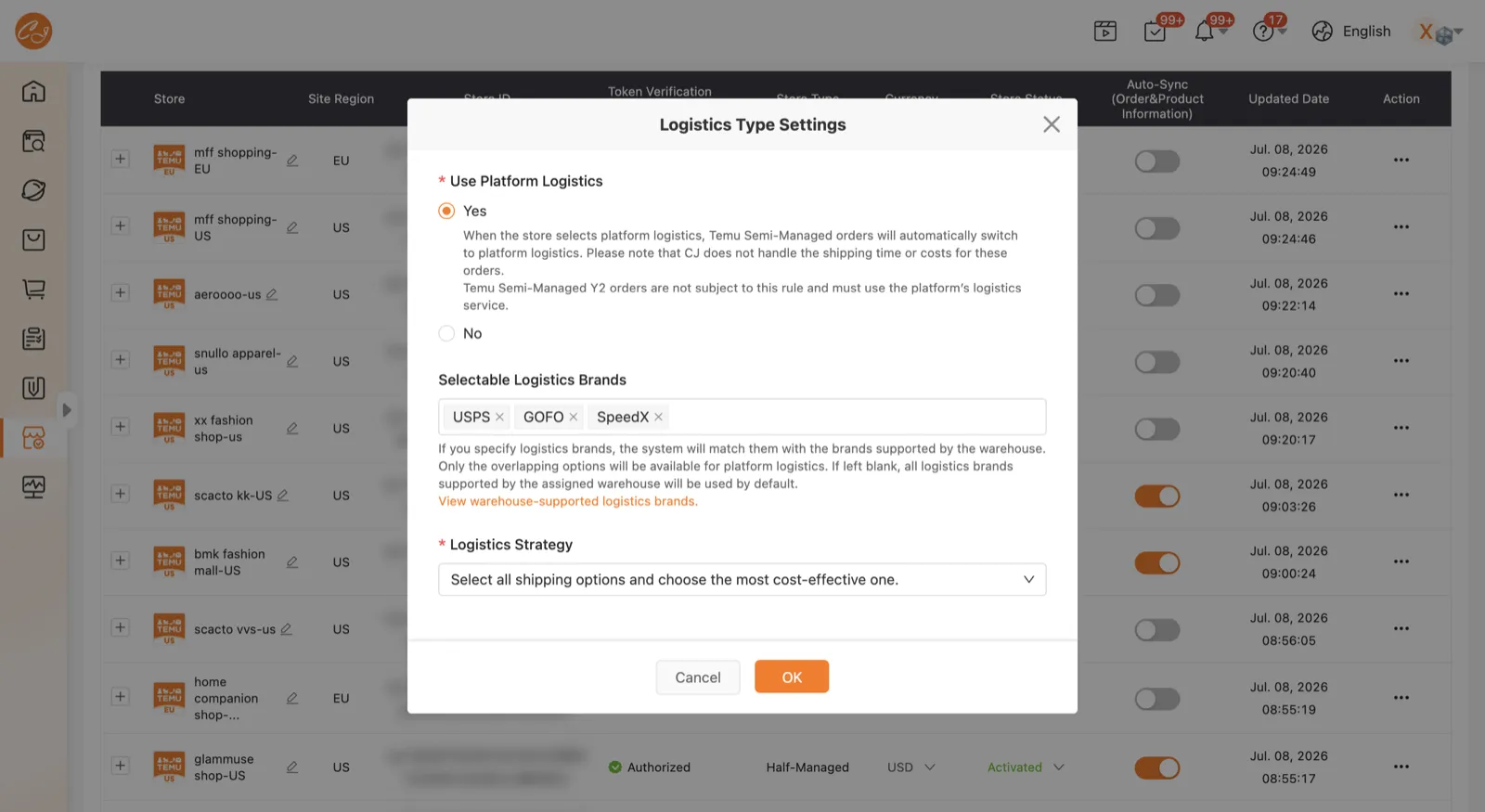 Logistics type settings