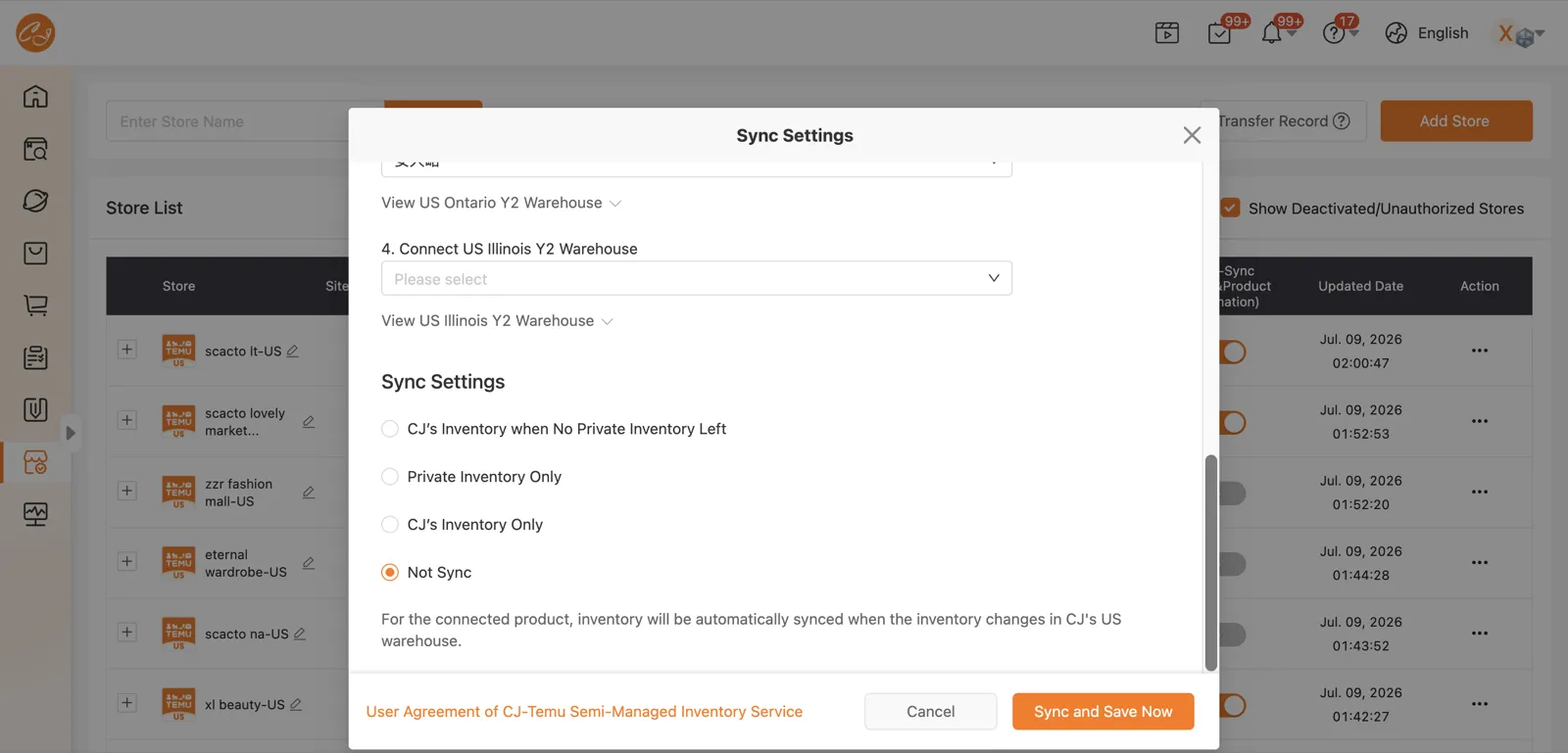 Inventory sync setting