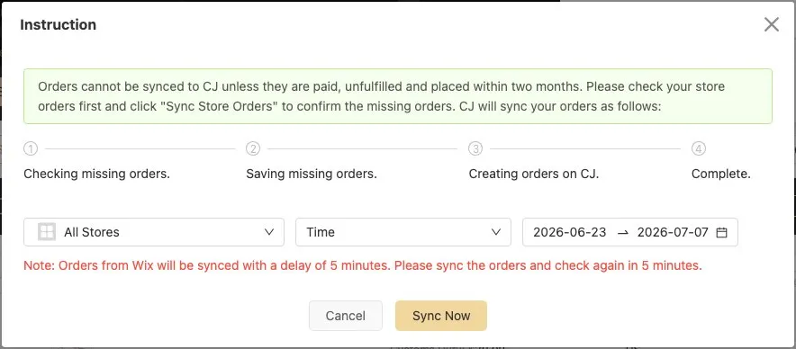 Sync Store Orders dialog