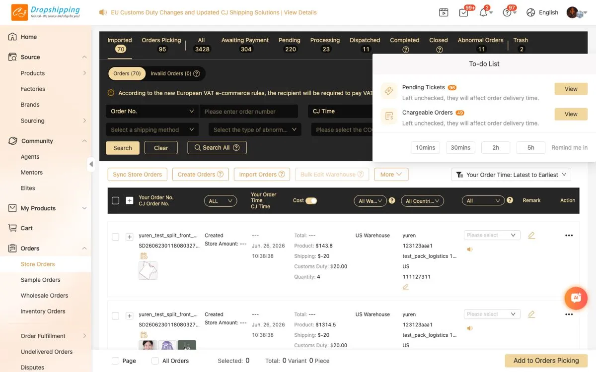 Store Orders list
