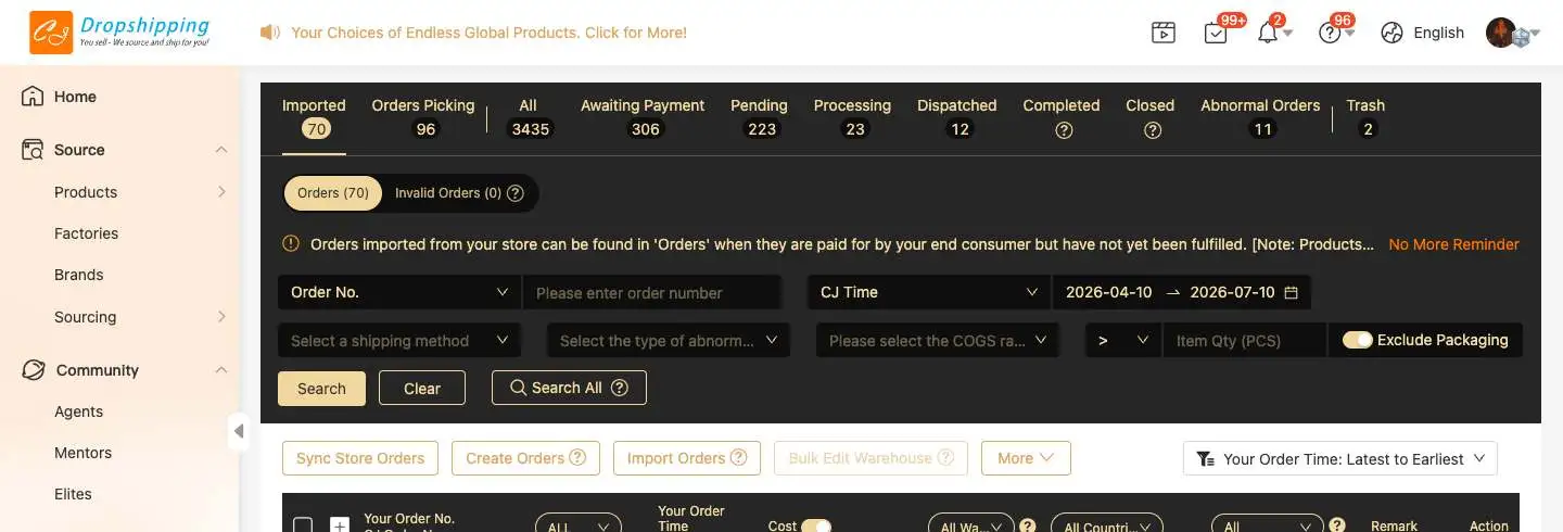 Search All on the Store Orders list