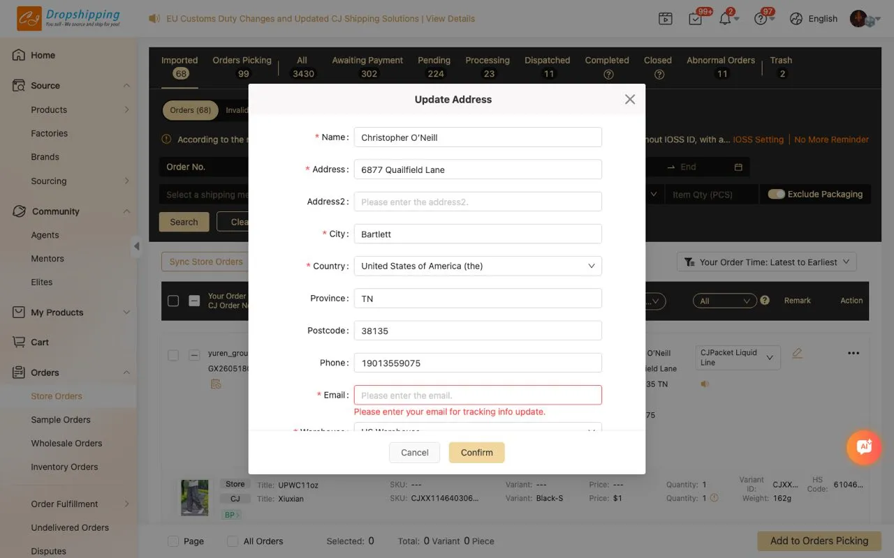 Update Address dialog
