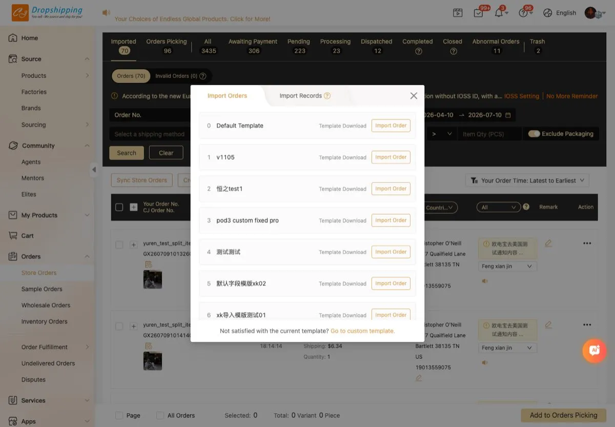 Import dialog with Template Download